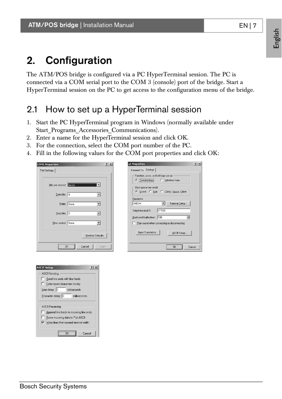 Bosch Appliances ATM/POS Bridge installation manual Configuration, How to set up a HyperTerminal session 