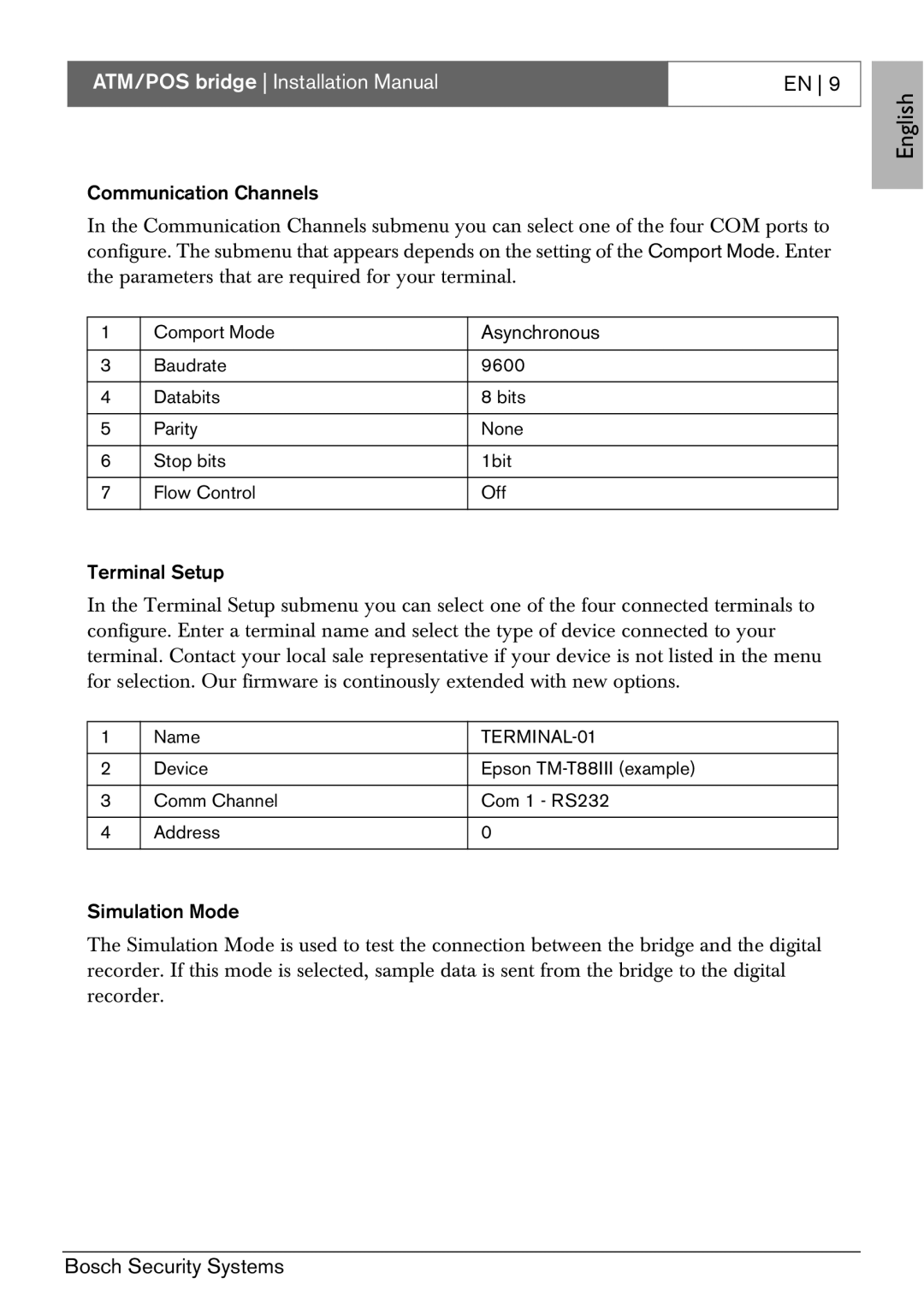 Bosch Appliances ATM/POS Bridge installation manual Asynchronous 