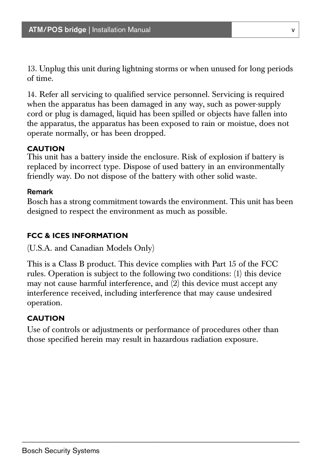 Bosch Appliances ATM/POS Bridge installation manual FCC & Ices Information 