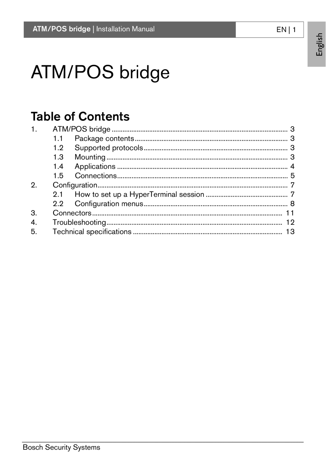 Bosch Appliances ATM/POS Bridge installation manual ATM/POS bridge, Table of Contents 