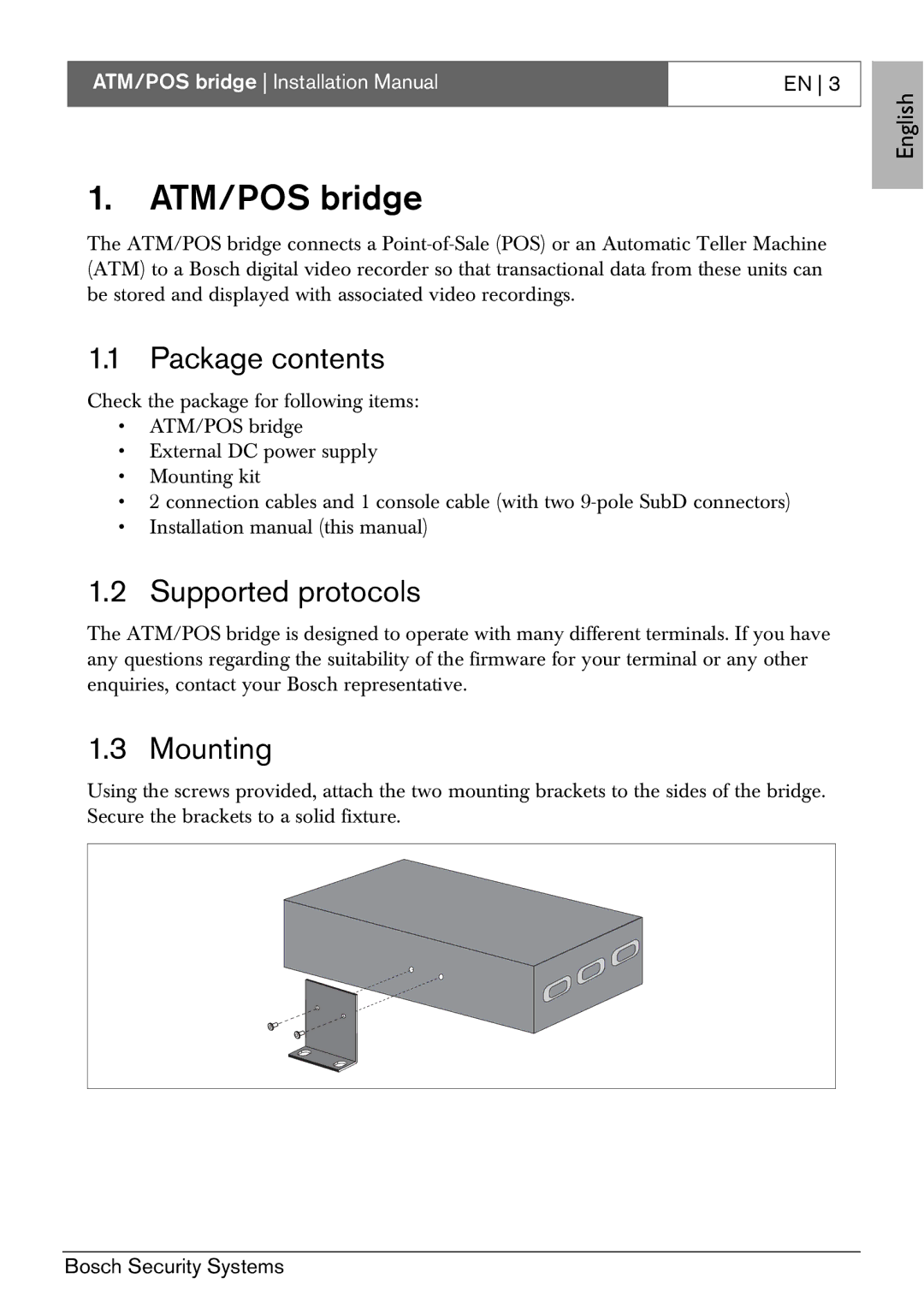 Bosch Appliances ATM/POS Bridge installation manual Package contents, Supported protocols, Mounting 