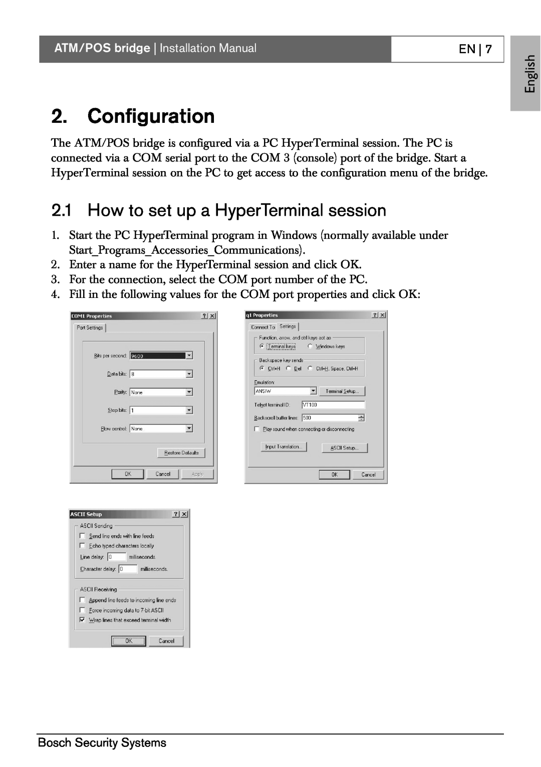Bosch Appliances ATM/POS Bridge Configuration, How to set up a HyperTerminal session, English, Bosch Security Systems 