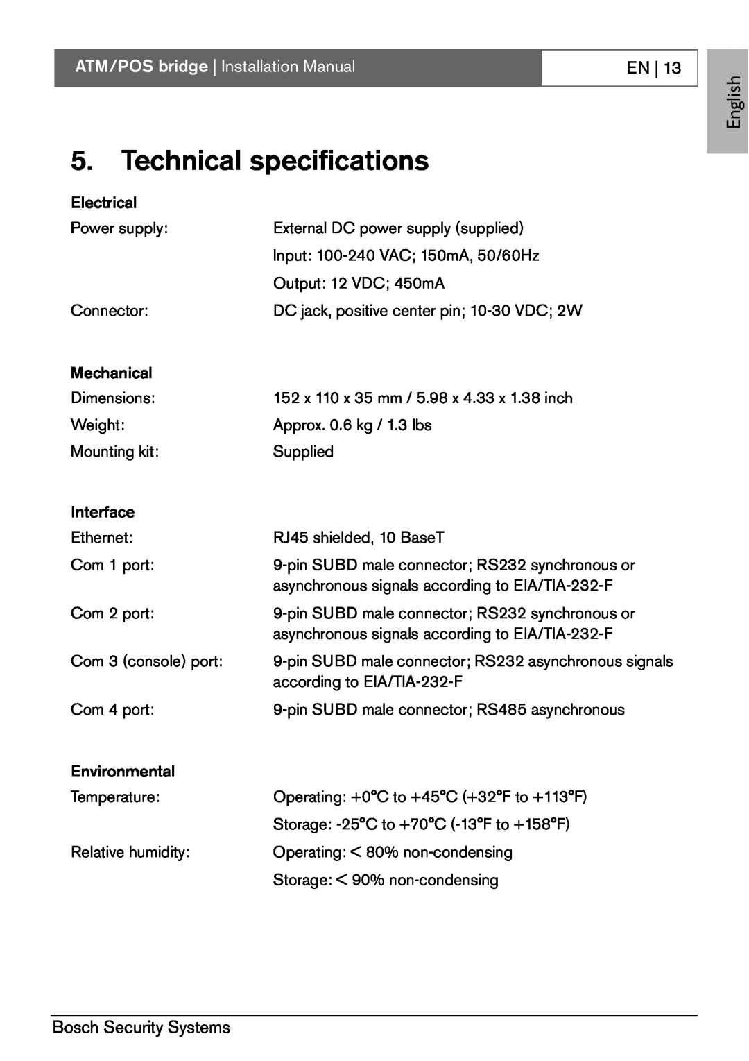 Bosch Appliances ATM/POS Bridge installation manual Technical specifications, English, ATM/POS bridge Installation Manual 