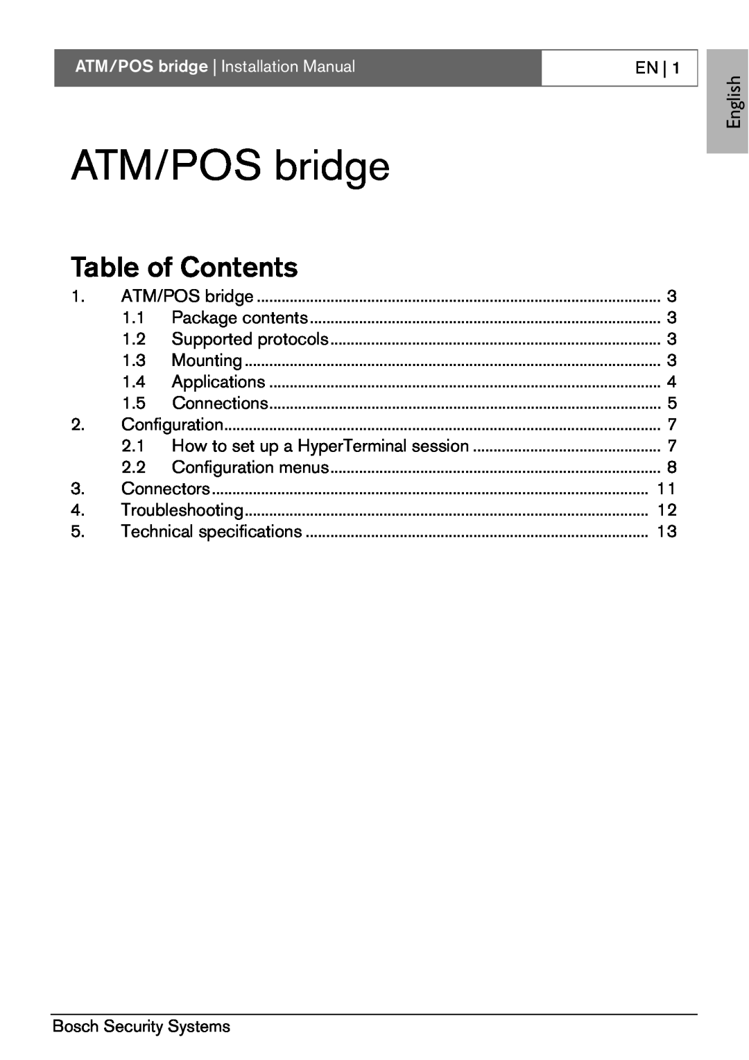Bosch Appliances ATM/POS Bridge Table of Contents, English, ATM/POS bridge Installation Manual, Bosch Security Systems 