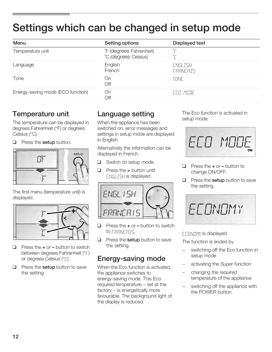 Bosch Appliances B24ID, B24IF, B30IF, B18ID, B18IF manual English Francais Tone ECO Mode Economy 