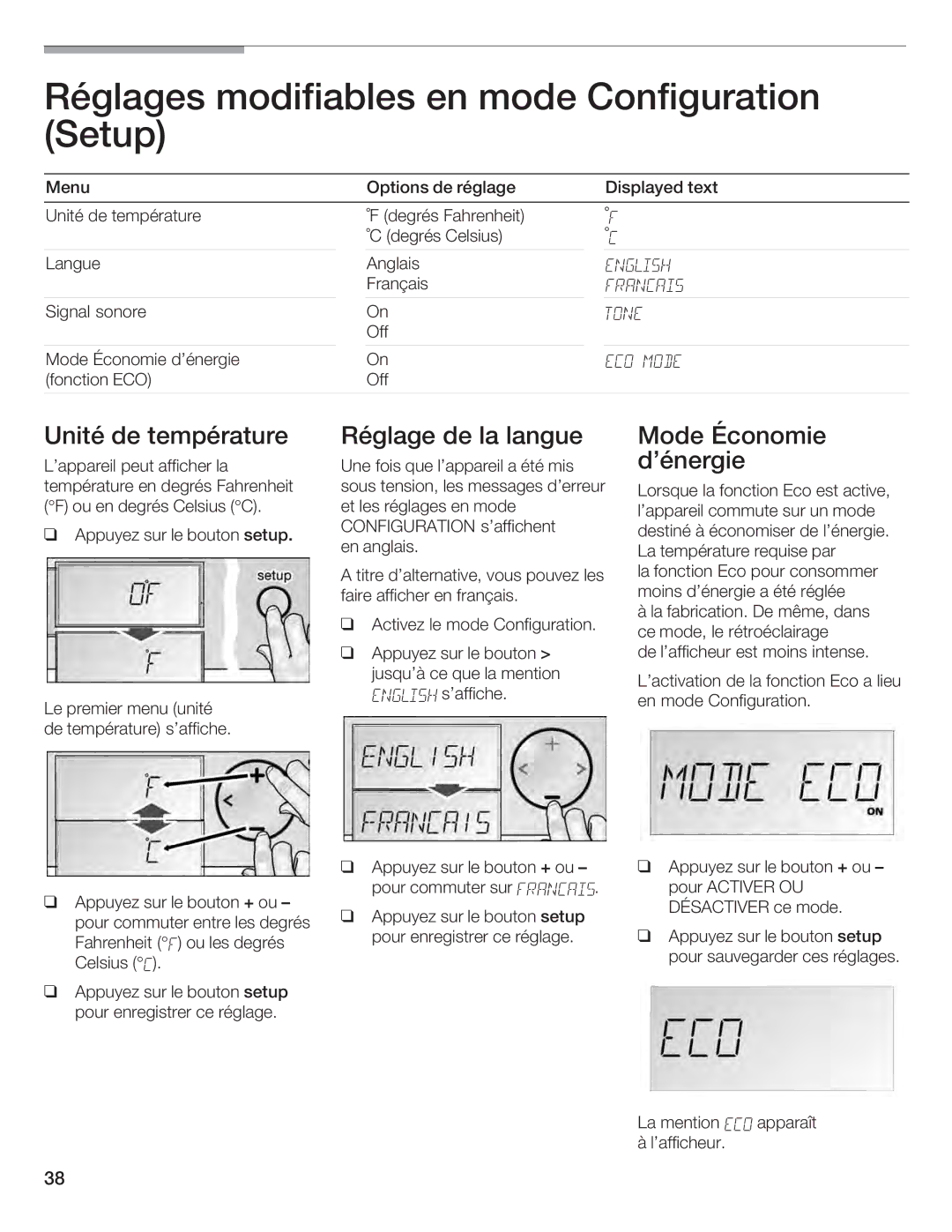 Bosch Appliances B18ID, B24IF, B30IF, B24ID, B18IF manual English Francais Tone ECO Mode 