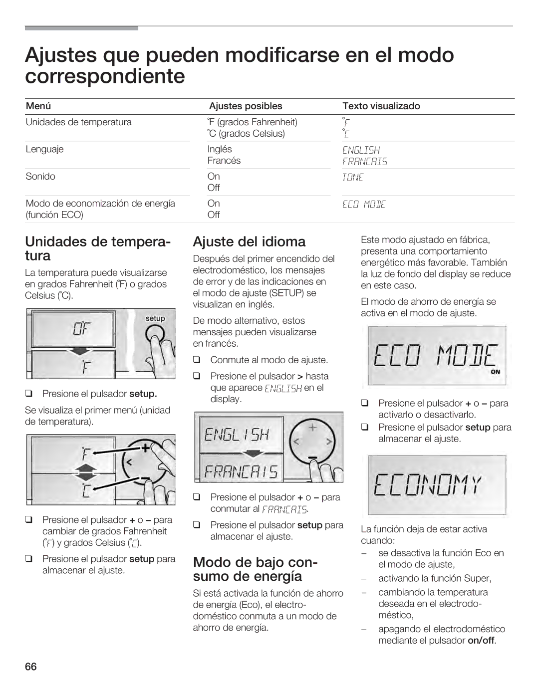 Bosch Appliances B30IF, B24IF, B24ID, B18ID, B18IF manual English Francais Tone ECO Mode 