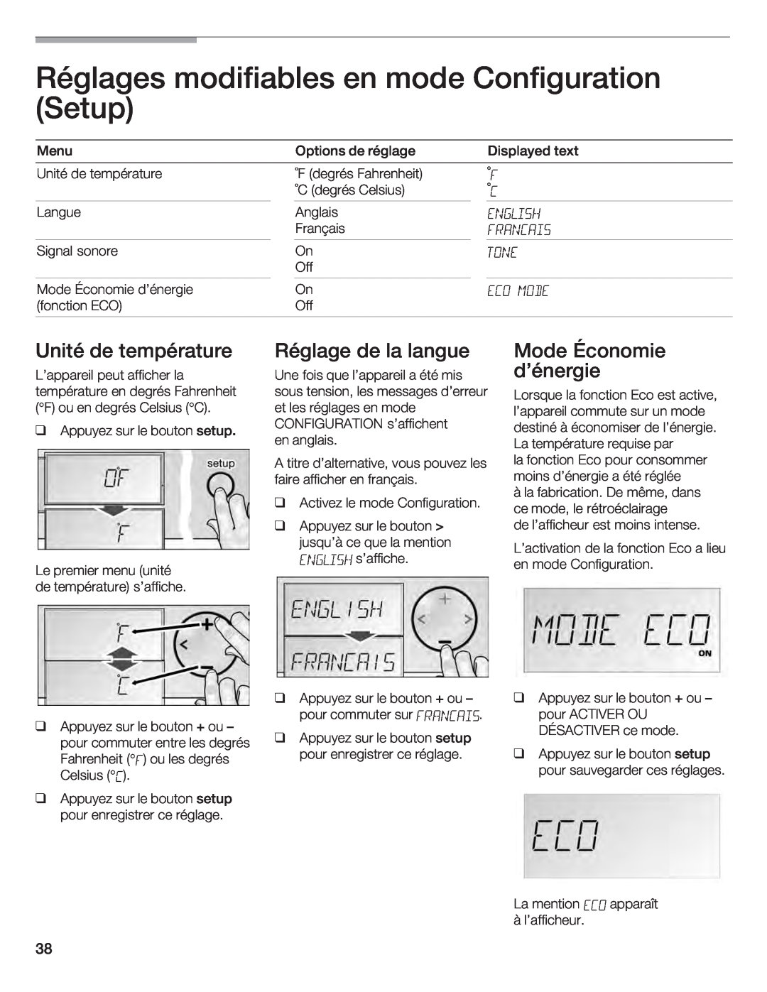 Bosch Appliances B18ID, B24IF, B30IF, B24ID, B18IF manual q q q, F C English Francais Tone Eco Mode 