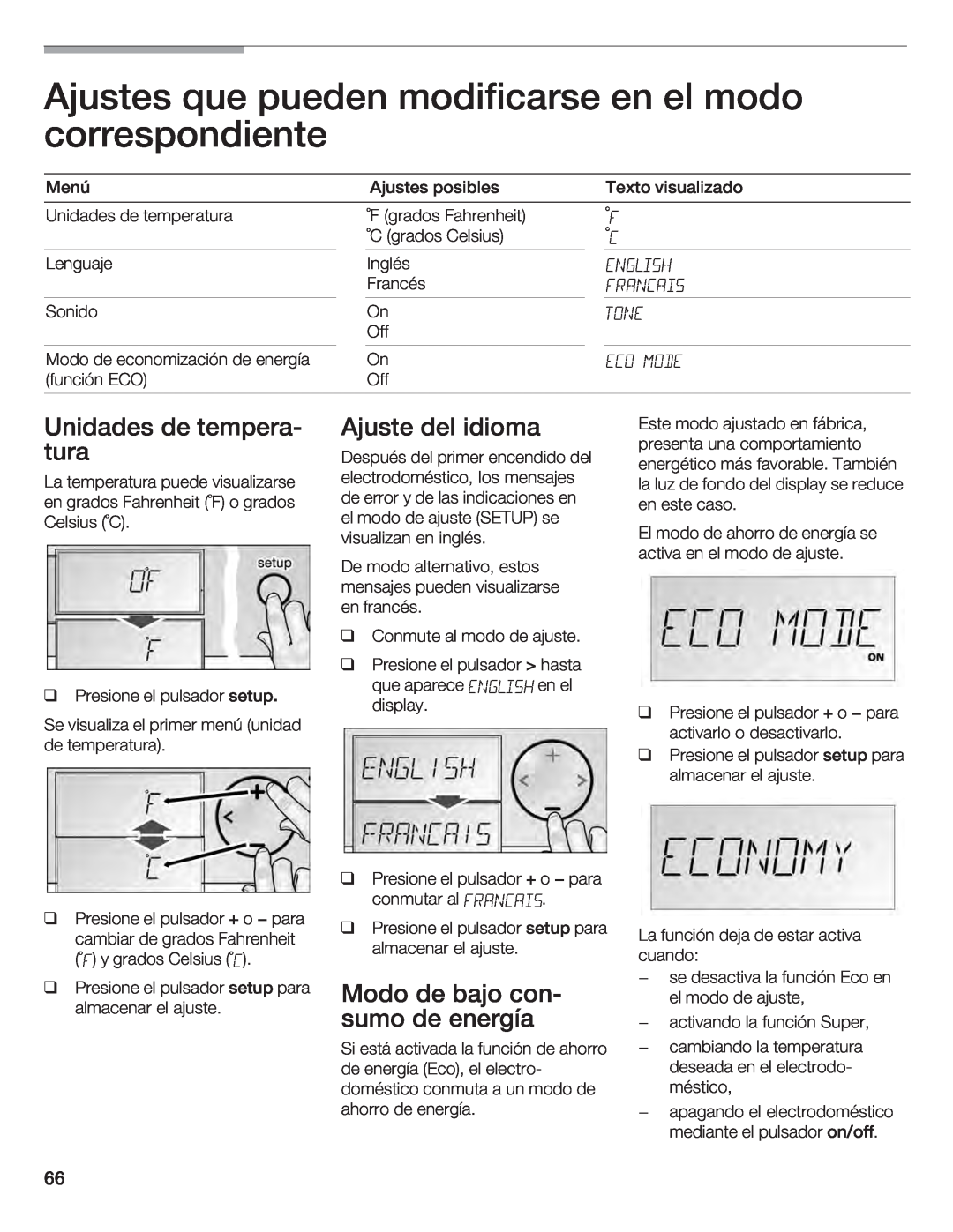 Bosch Appliances B30IF, B24IF, B24ID, B18ID, B18IF manual F C English Francais Tone Eco Mode 
