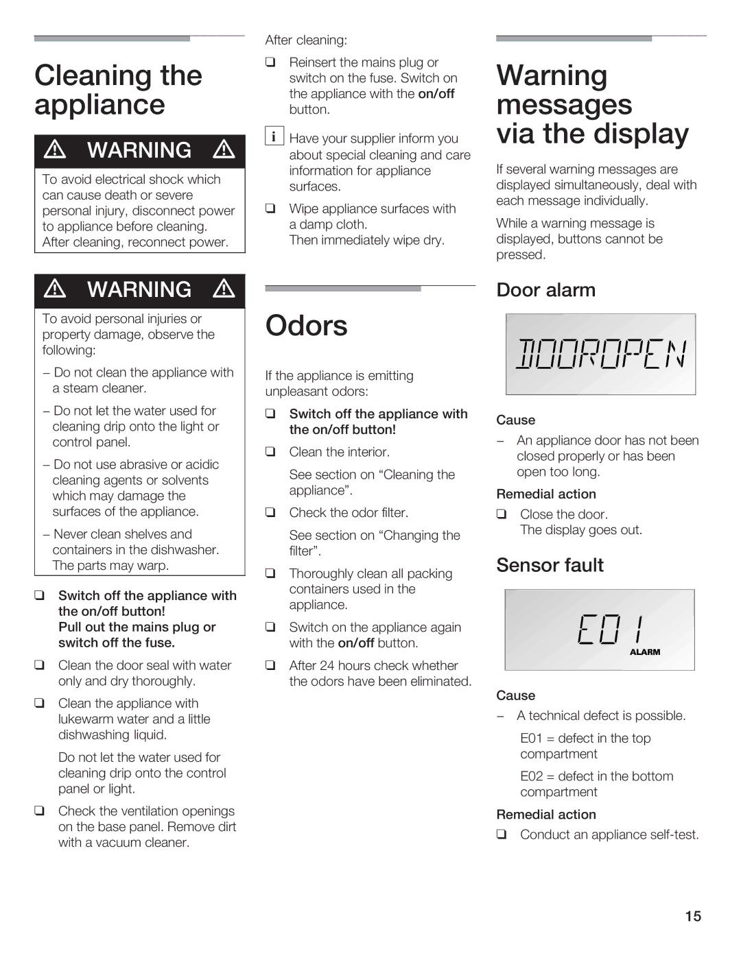 Bosch Appliances B24IW, B18IW manual Cleaning the appliance, Via the display Odors 