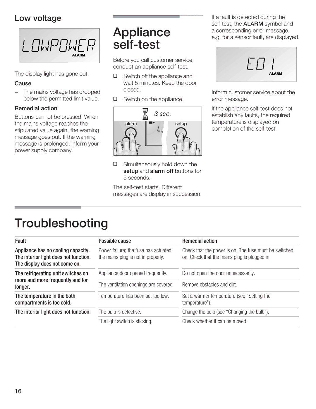 Bosch Appliances B18IW, B24IW manual Possible cause Remedial Action Appliance has no 