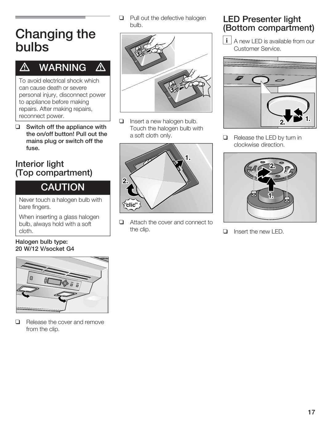 Bosch Appliances B24IW, B18IW manual Changing, Bulbs 