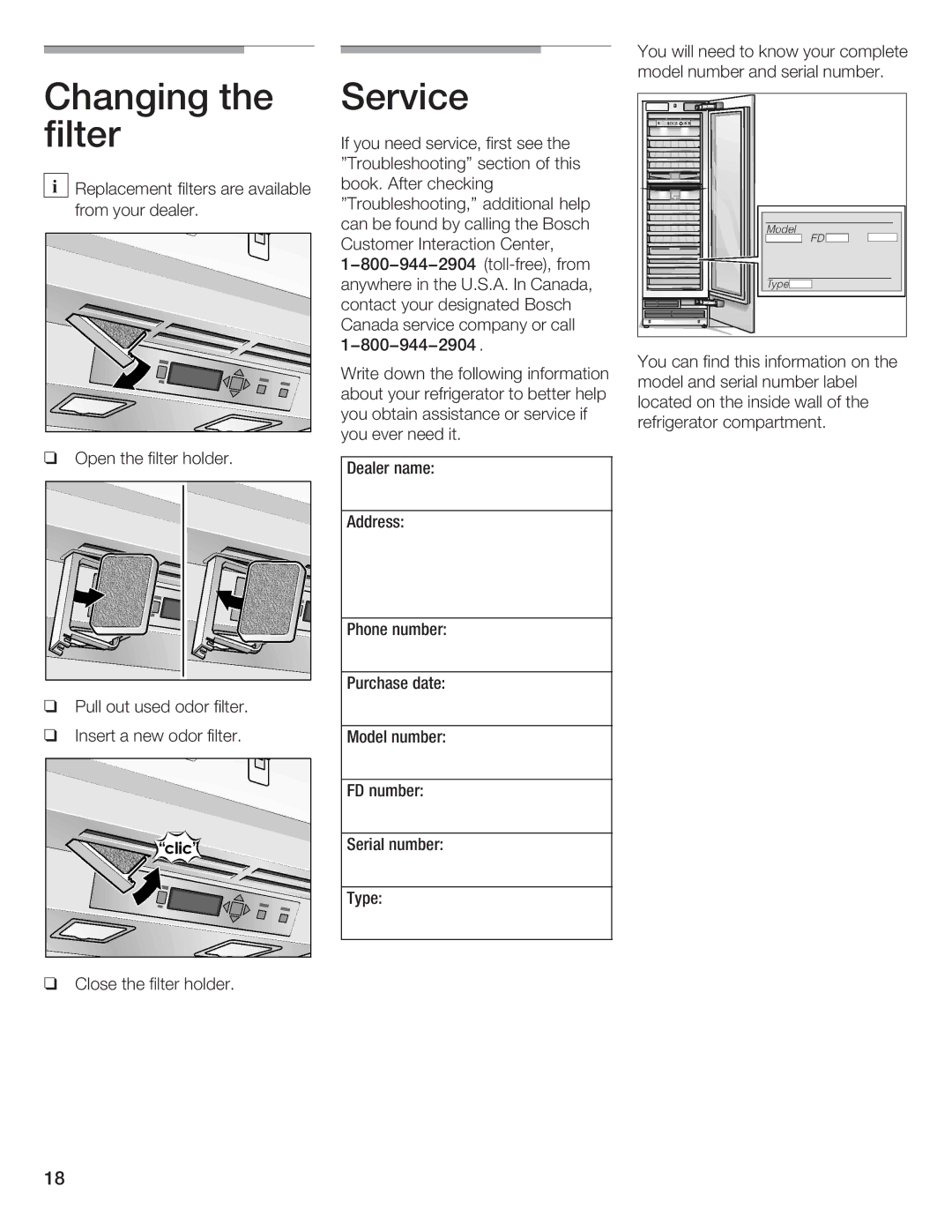 Bosch Appliances B18IW, B24IW manual Changing the Service filter 