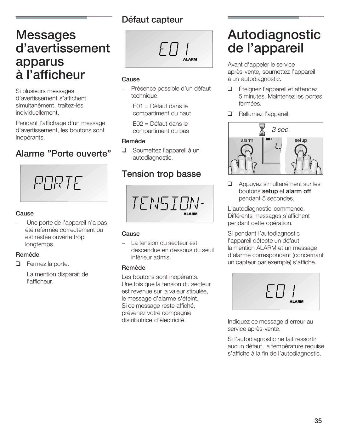 Bosch Appliances B24IW, B18IW manual Autodiagnostic de lappareil, Setup alarm off 