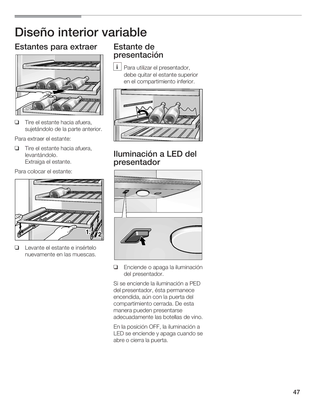 Bosch Appliances B24IW, B18IW manual Diseño interior variable, Estantes para extraer Estante de presentación 