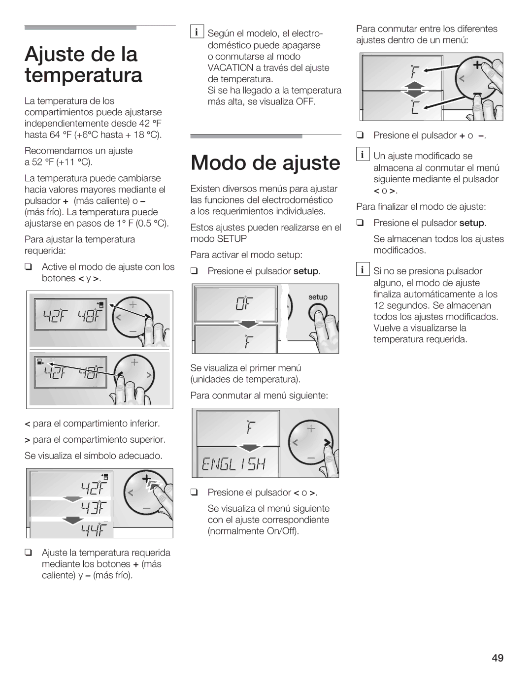 Bosch Appliances B24IW, B18IW manual Ajuste de la temperatura Modo de ajustei 