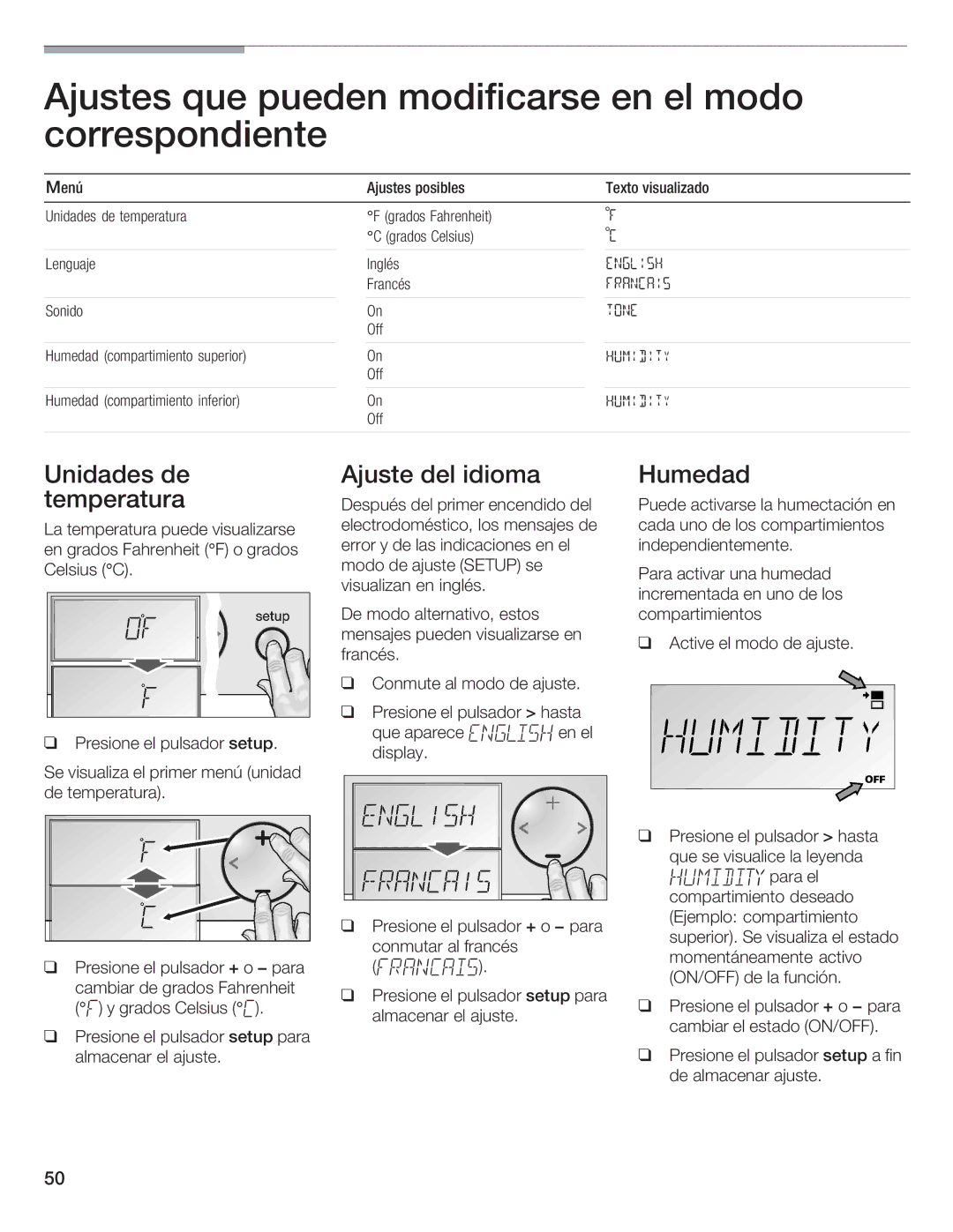 Bosch Appliances B18IW, B24IW manual Ajustes que pueden modificarse en el modo correspondiente, Ajuste Del Idioma Humedad 