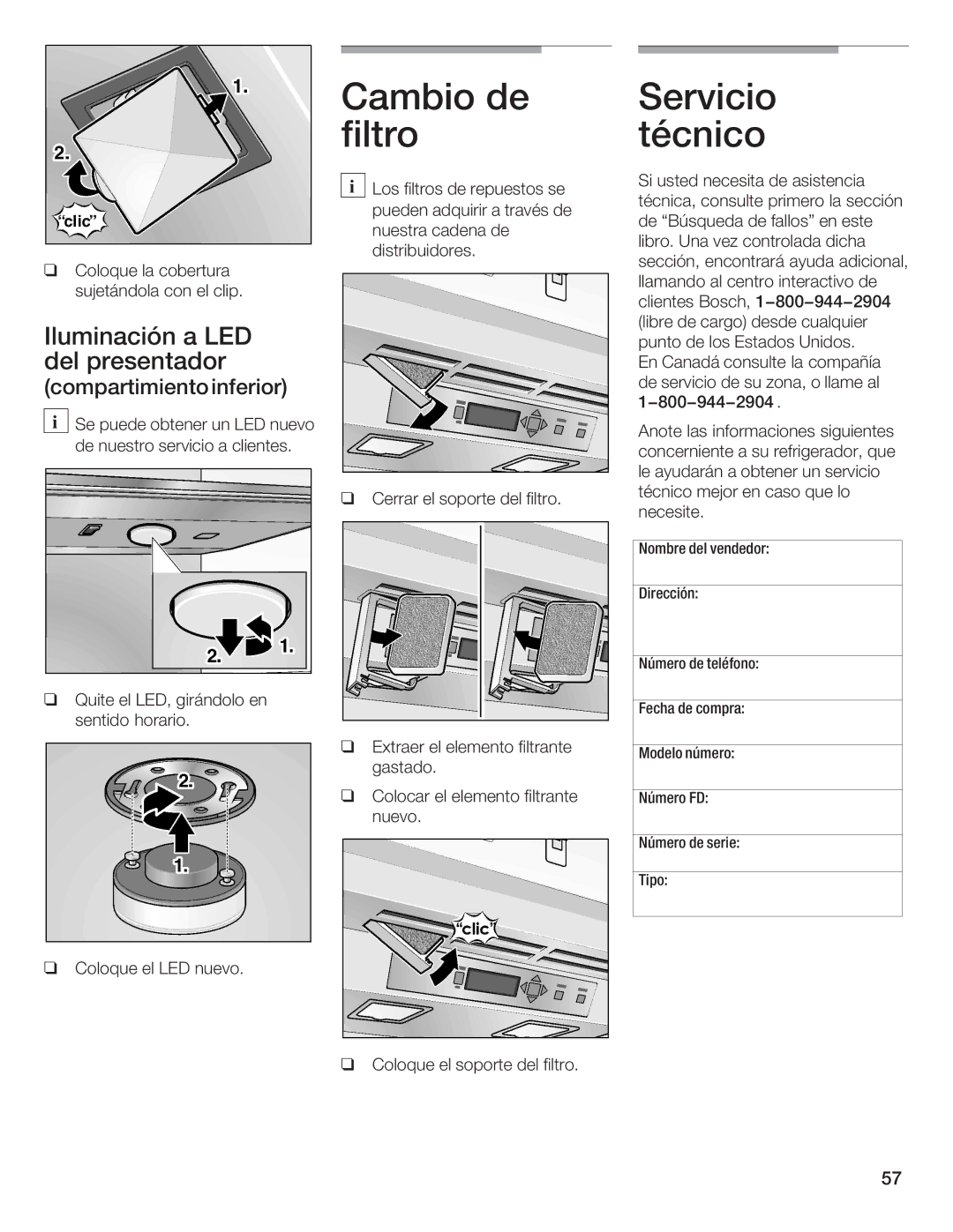 Bosch Appliances B24IW, B18IW manual Cambio de filtro Servicio técnico, Compartimiento inferior 