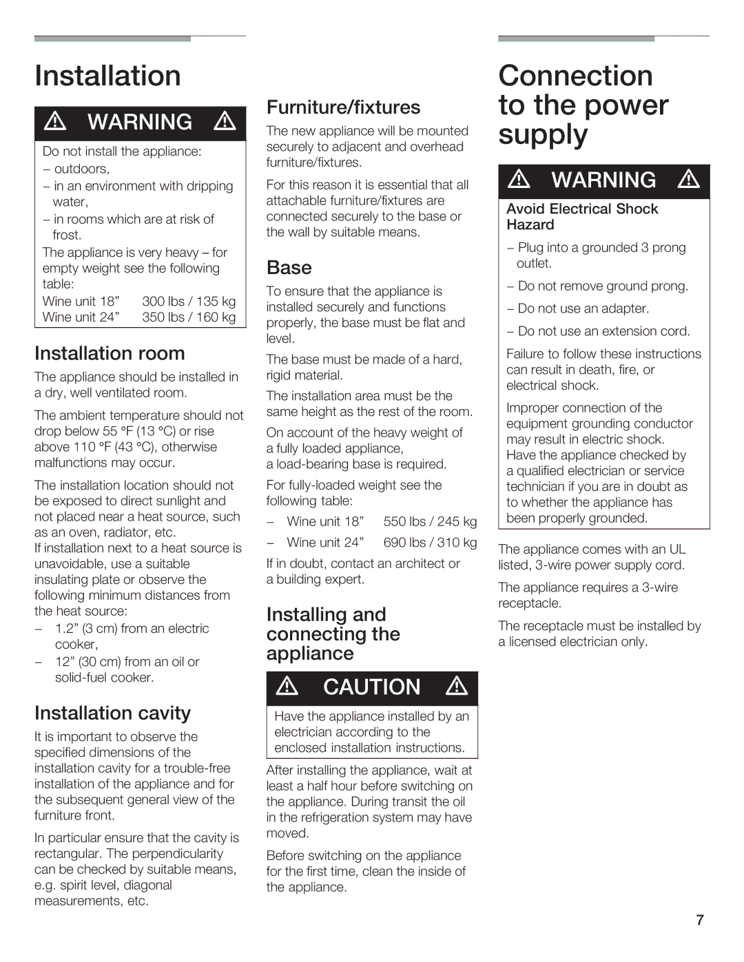 Bosch Appliances B24IW, B18IW manual Installation, Connection to the power supply 