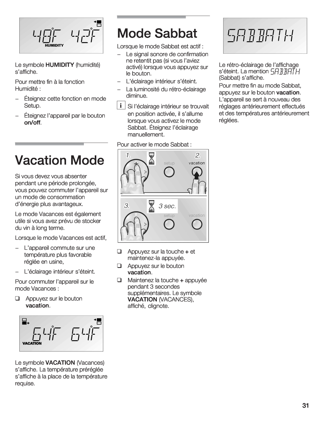 Bosch Appliances B24IW, B18IW manual Mode Sabbat, Vacation Mode, HUMIDITY SABBATH vacation, on/off, q+ q 