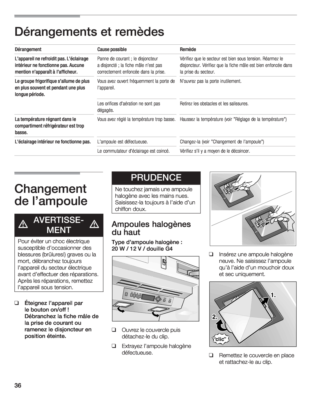 Bosch Appliances B18IW, B24IW manual q q q q q, Dérangement, Cause possible, Léclairage intérieur ne fonctionne pas 