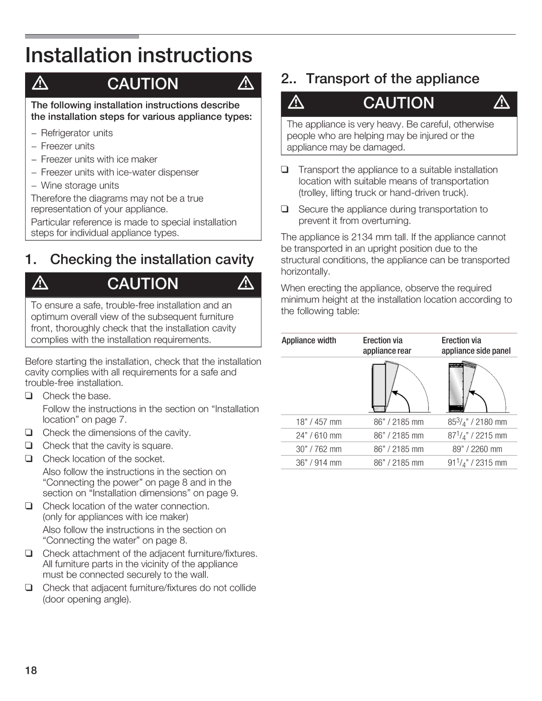 Bosch Appliances B24IW50NSP manual Appliance width Erection Via 