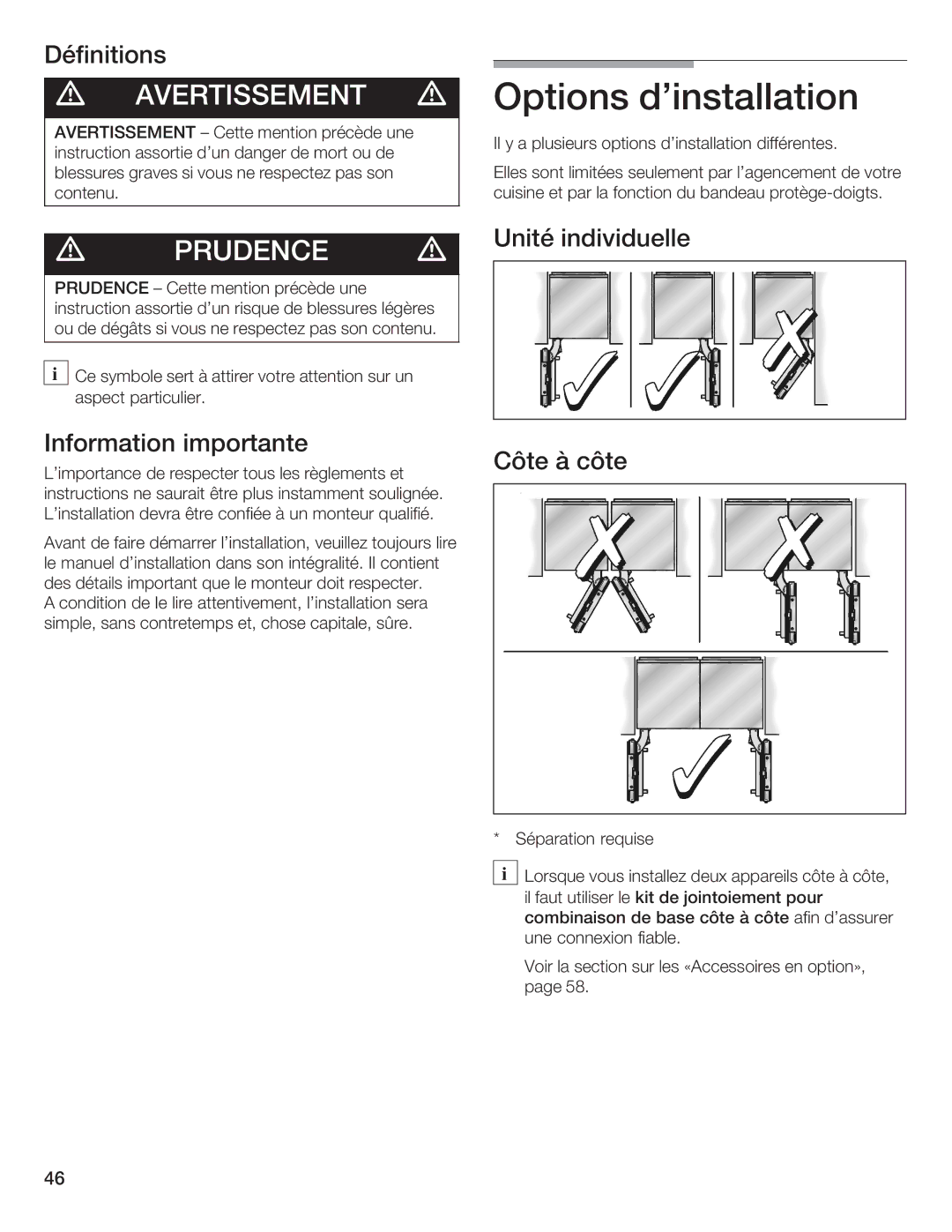 Bosch Appliances B24IW50NSP manual Avertissement d Options dinstallation 