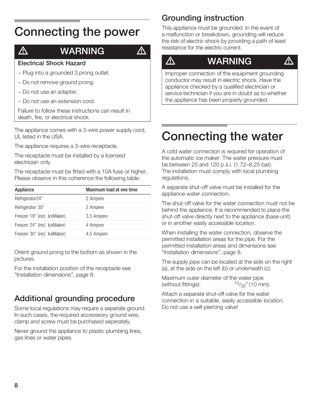 Bosch Appliances B24IW50NSP manual Appliance Maximum load at one time 