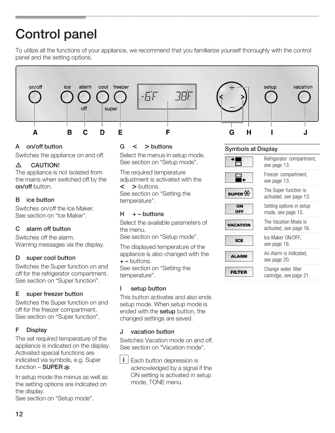 Bosch Appliances B36IB manual Control panel, Super 