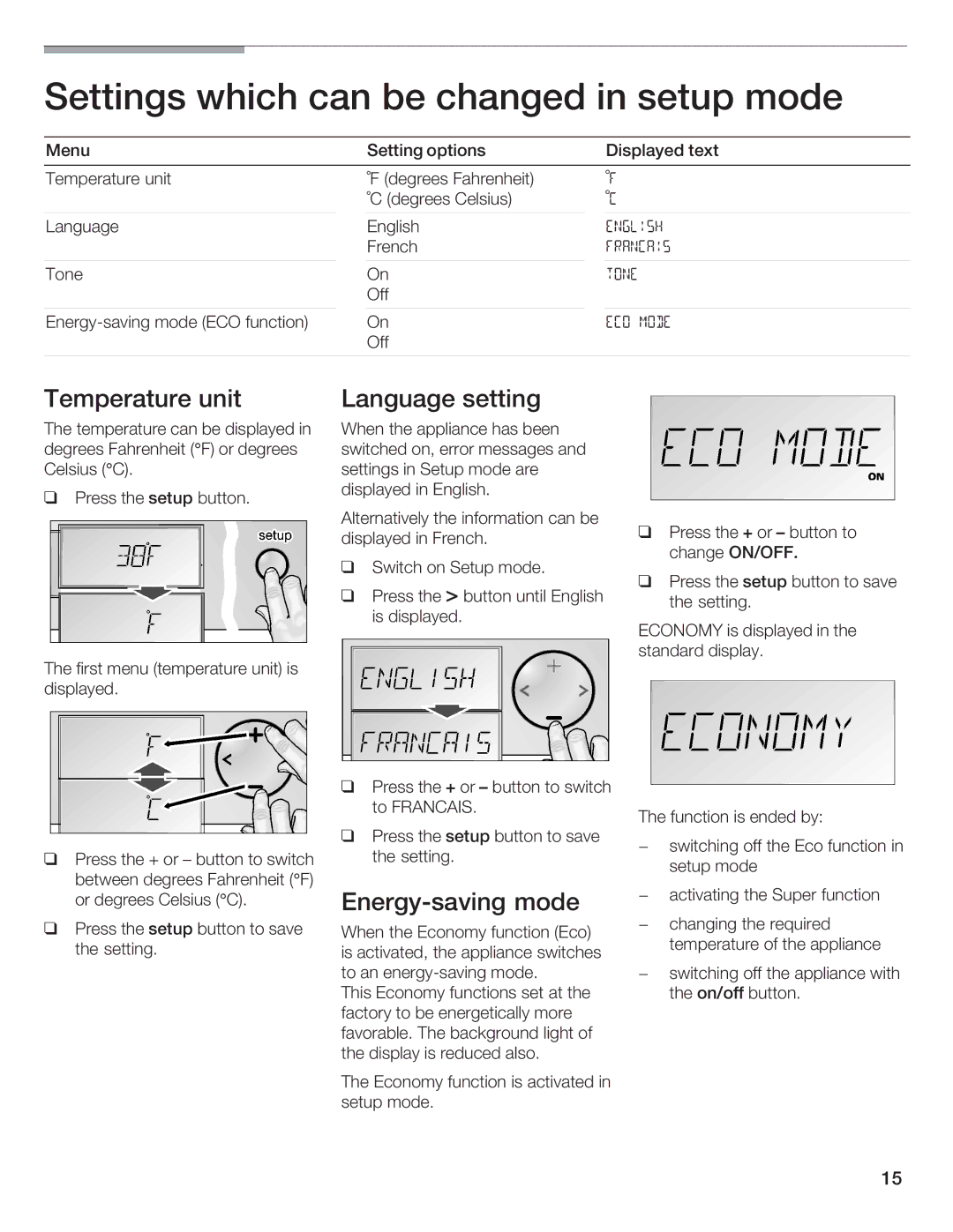 Bosch Appliances B36IB Settings which Can be changed in setup mod, Temperature Unit Language Setting, Energysaving Mode 