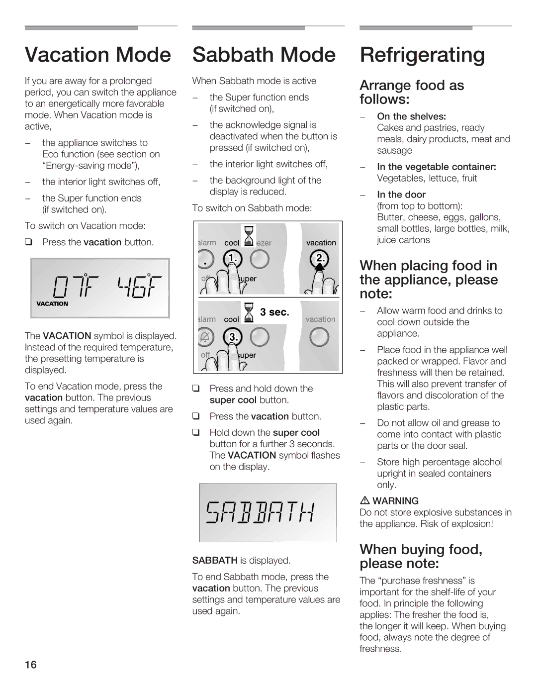 Bosch Appliances B36IB Vacation Mode Sabbath Mode Refrigerating, Arrange food as follows, When buying food, please note 