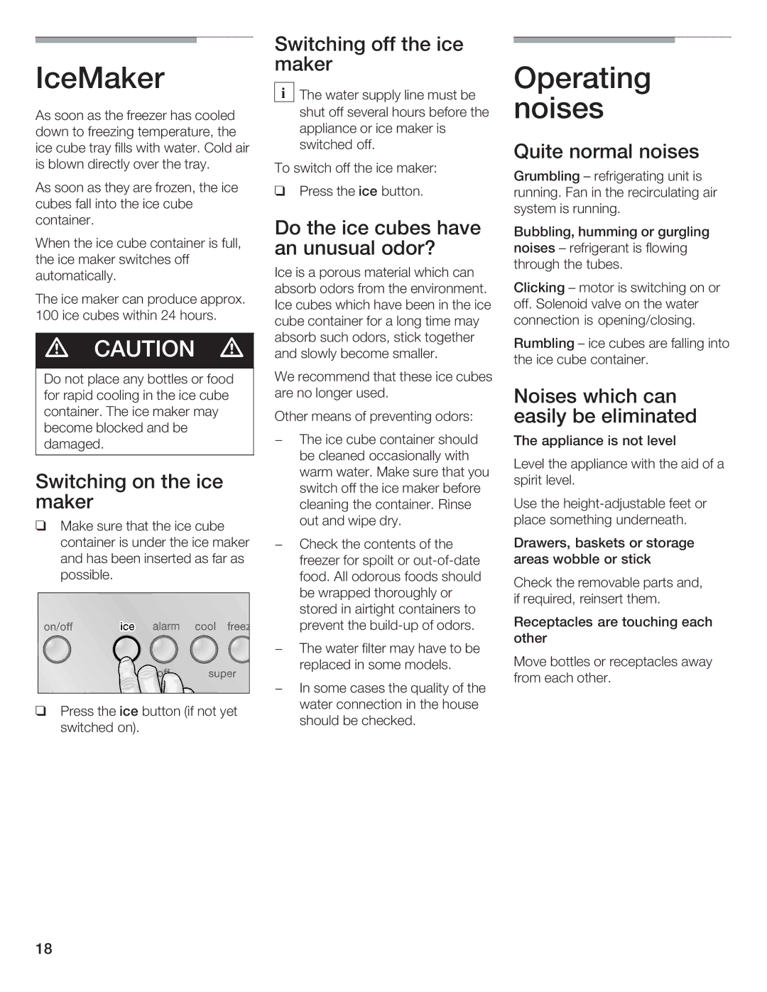 Bosch Appliances B36IB manual IceMaker, Operating 