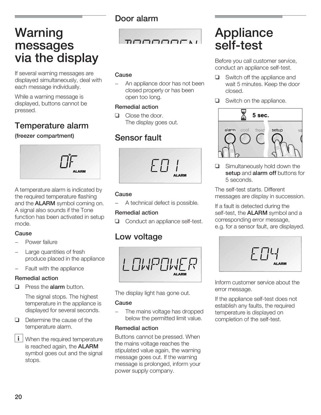 Bosch Appliances B36IB manual Messages Self$test Viathe Display, Temperature alarm, Sensor Fault, Low voltage 