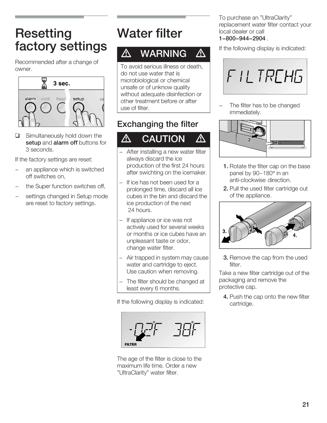 Bosch Appliances B36IB manual Resetting factory settings, Exchanging the filter 