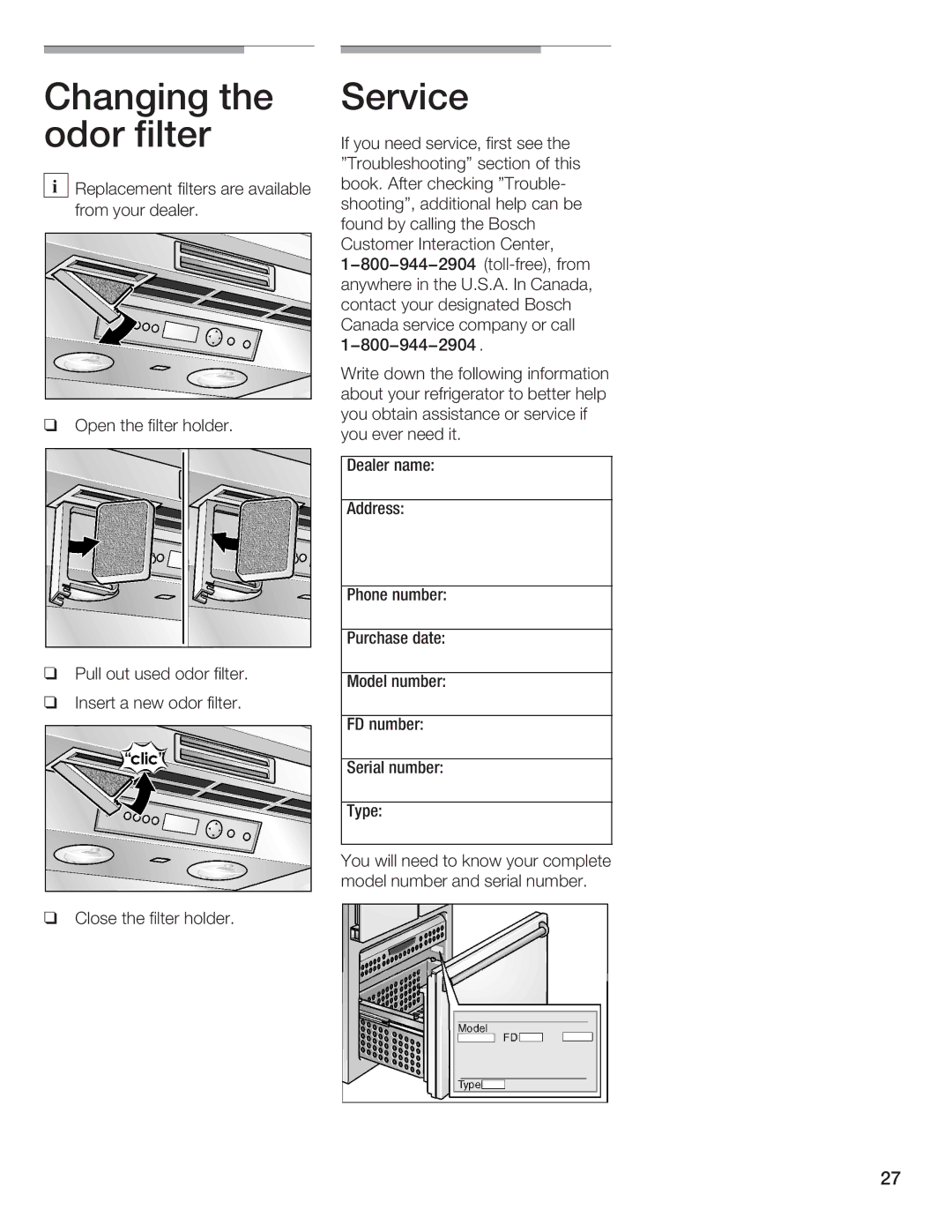 Bosch Appliances B36IB manual Changing odor filter, Service 