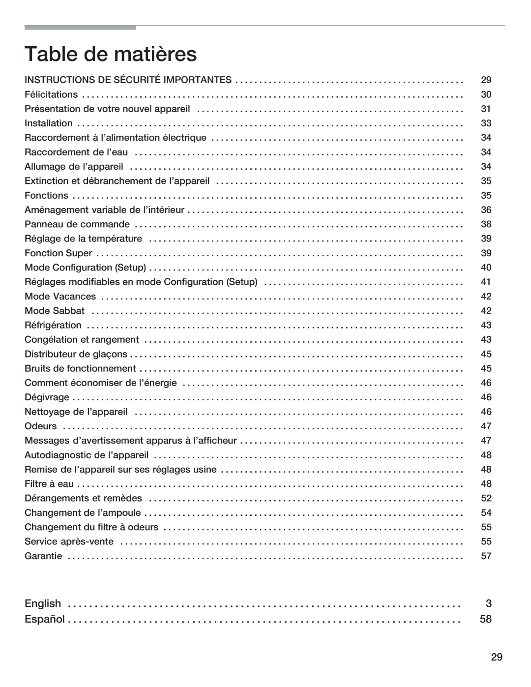 Bosch Appliances B36IB manual Table de matières 