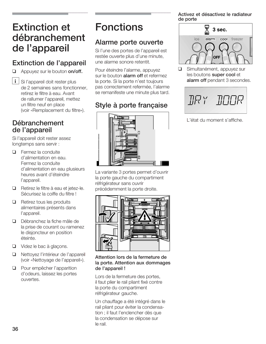 Bosch Appliances B36IB manual Fonctions, Alarme porte ouverte, Style à Porte Française, Débranchement delappareil 