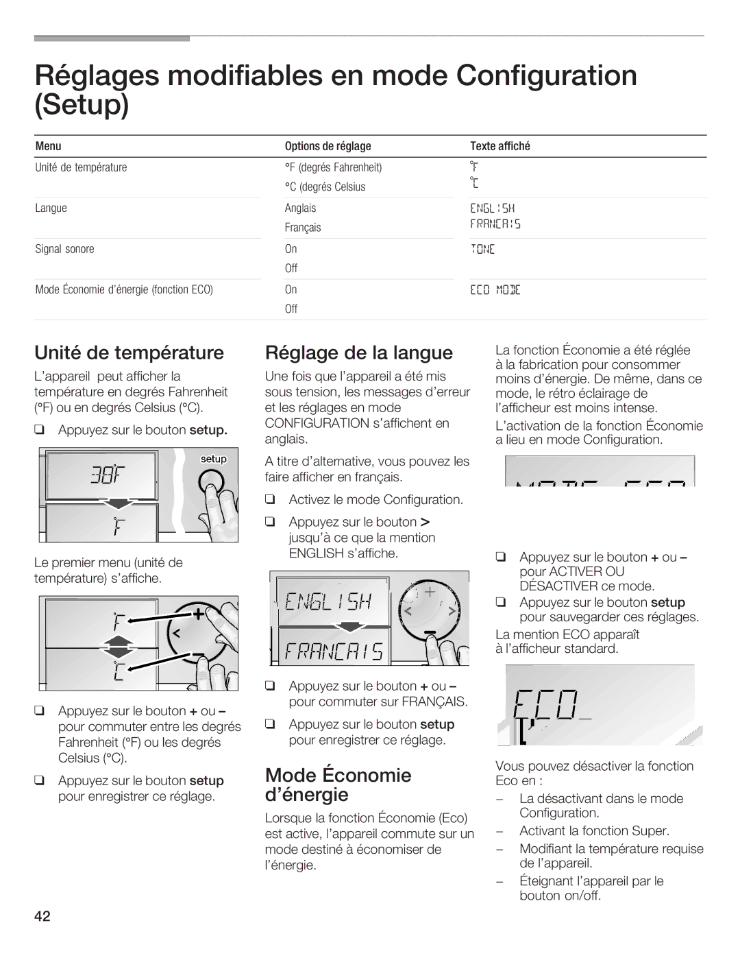 Bosch Appliances B36IB Réglages modifiables en mode Configuration Setup, Unité De température Réglage Langue, Dénergie 