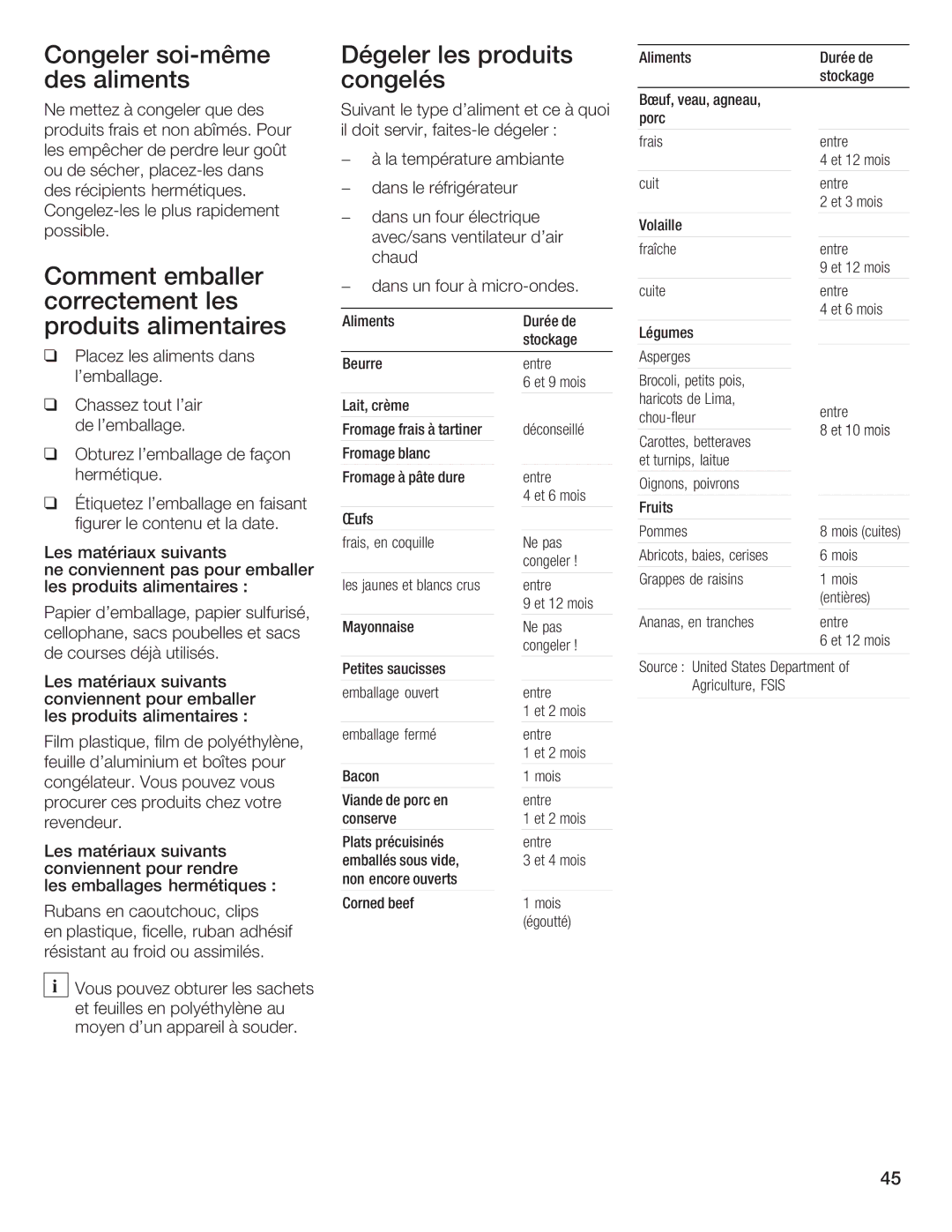 Bosch Appliances B36IB manual Congeler soimême Dégeler les produits, Des aliments Congelés, Comment Emballer 