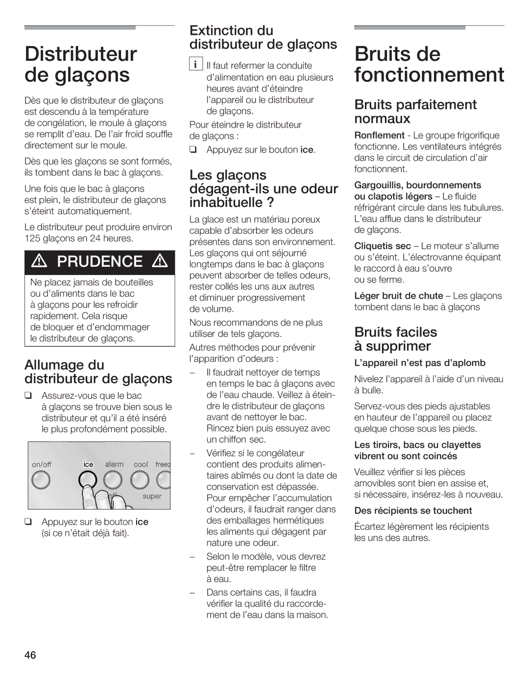 Bosch Appliances B36IB manual Distributeur deglaçons, Fonctionnement 