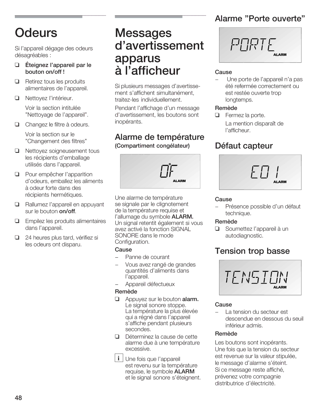 Bosch Appliances B36IB manual Odeurs, Alarme Température, Défaut Capteur, Tension Trop basse 