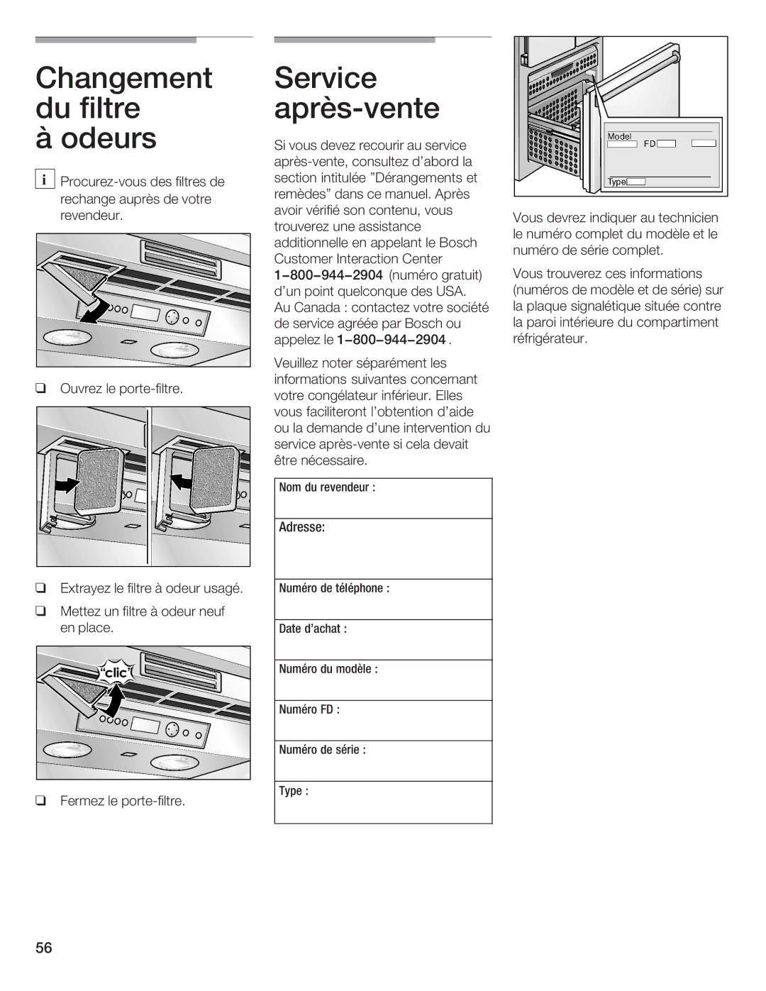 Bosch Appliances B36IB manual Changement du filtre àodeurs, Service après!vente, Usa 