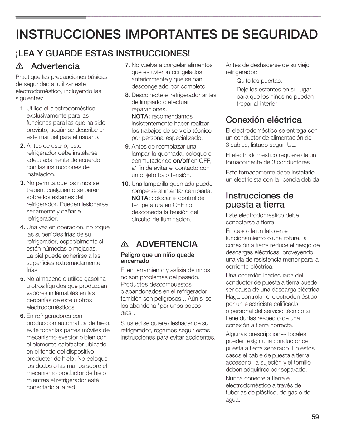 Bosch Appliances B36IB manual Advertencia, Conexión Eléctrica, Puesta Tierra 