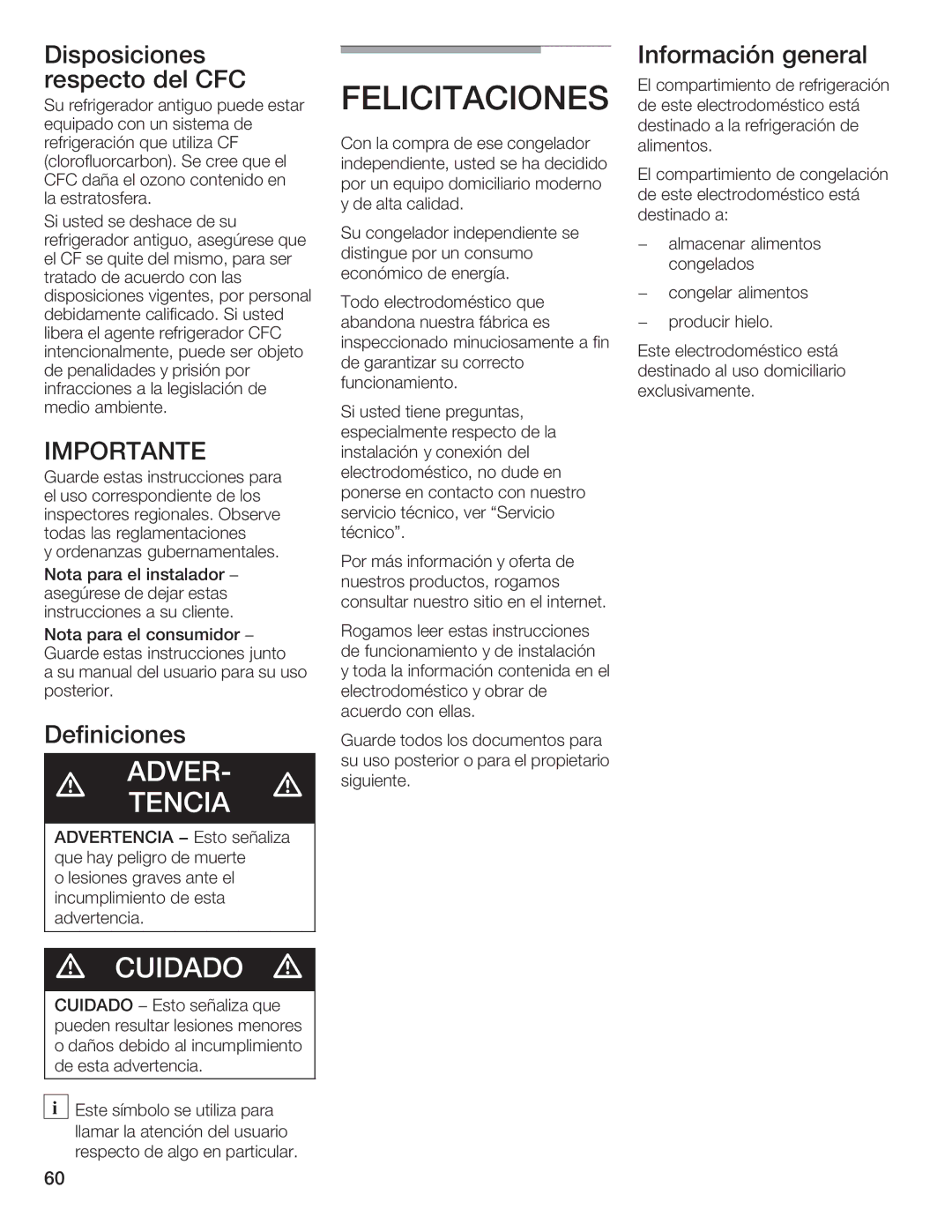 Bosch Appliances B36IB manual Cuidado d, Disposiciones Información General Respecto Del, Definiciones, Cfc 