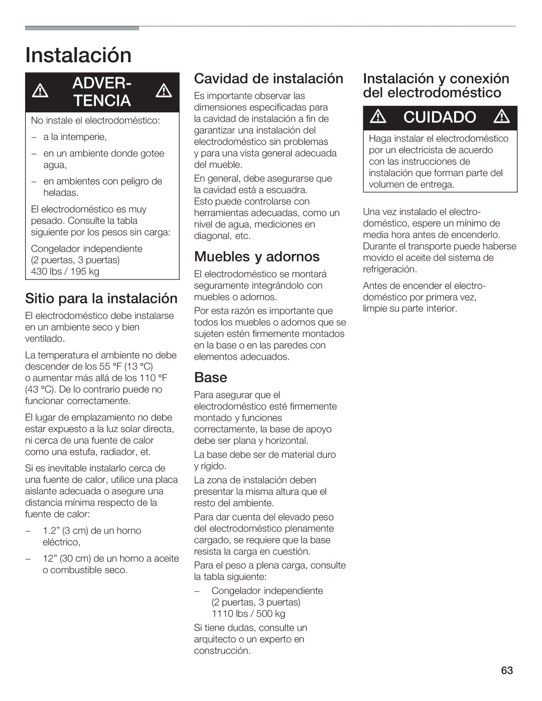 Bosch Appliances B36IB manual Cuidado 