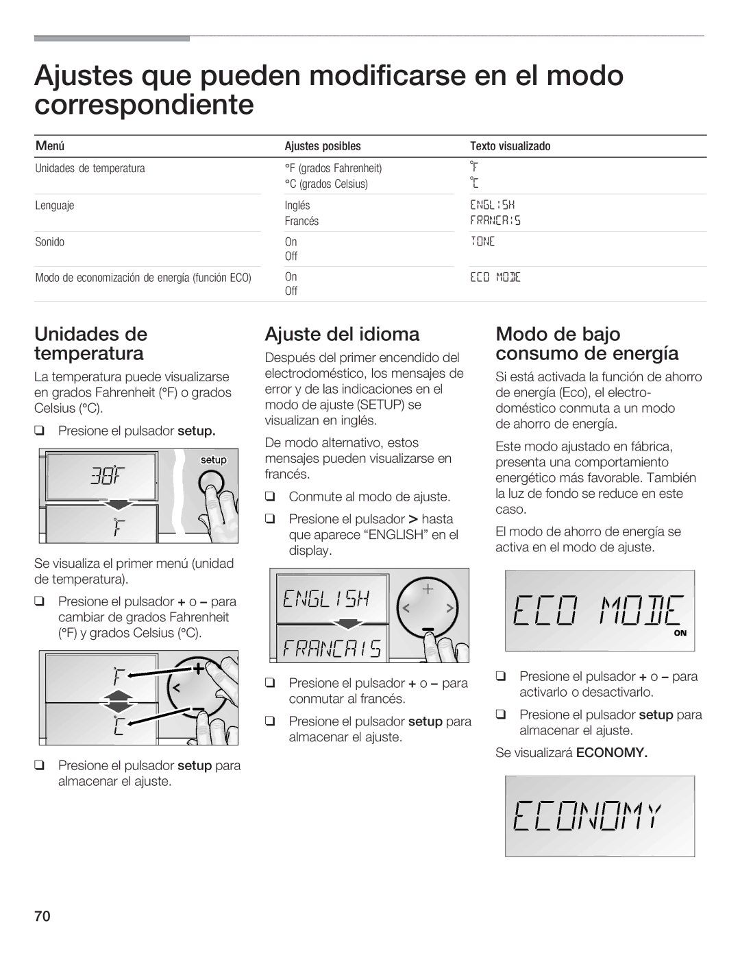 Bosch Appliances B36IB Ajustes que pueden modificarse en el modo correspondiente, Unidades Ajuste Del Idioma Temperatura 