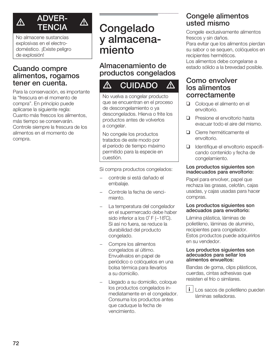 Bosch Appliances B36IB manual TENCIDVER$ d, Cuiddo d, Lmacenamiento de productos congelados 