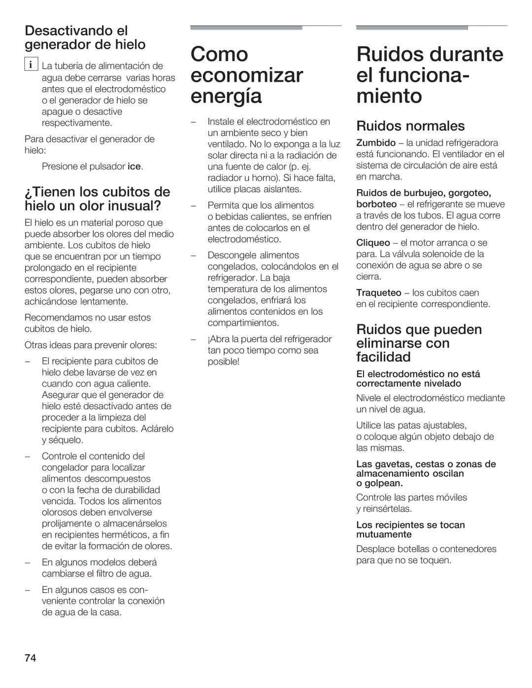 Bosch Appliances B36IB manual Como Ruidos durante El funciona, Horaseconomizar, Energía Miento 