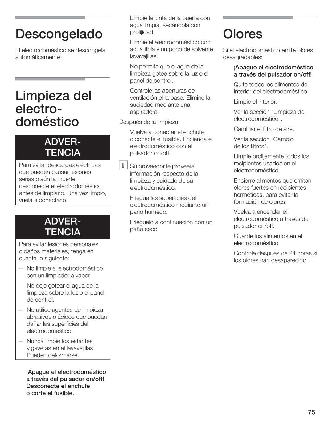 Bosch Appliances B36IB manual Descongelado, Limpieza del electro doméstico, Tencidver d 