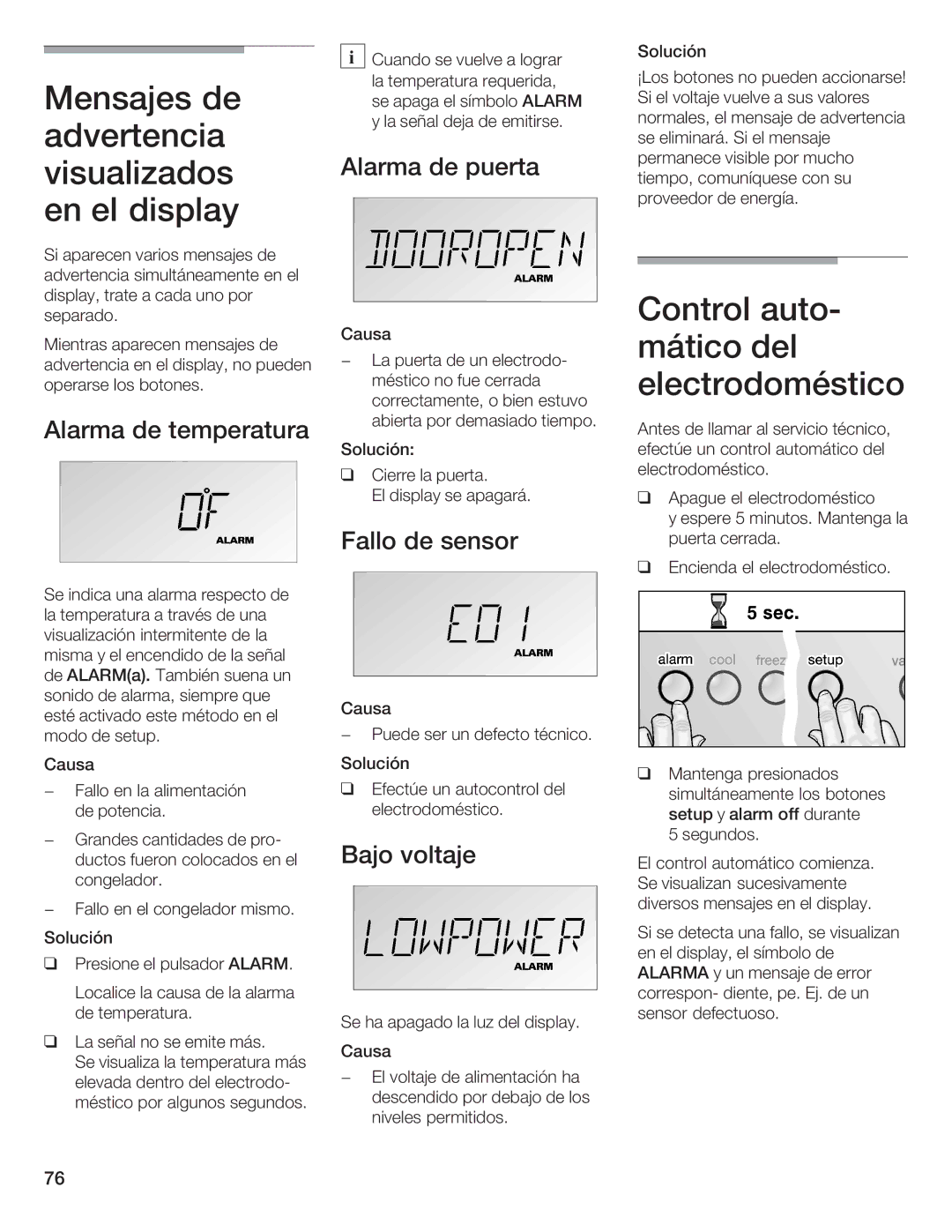 Bosch Appliances B36IB manual Alarma de puerta, Alarma Temperatura, Fallo de sensor 